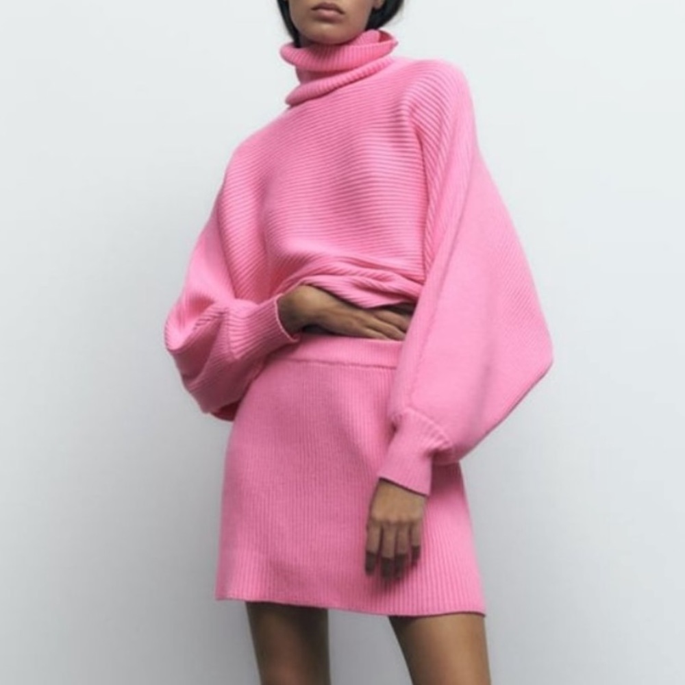 NWT Zara High Collar Knit Sweater in Barbie Pink Sz M